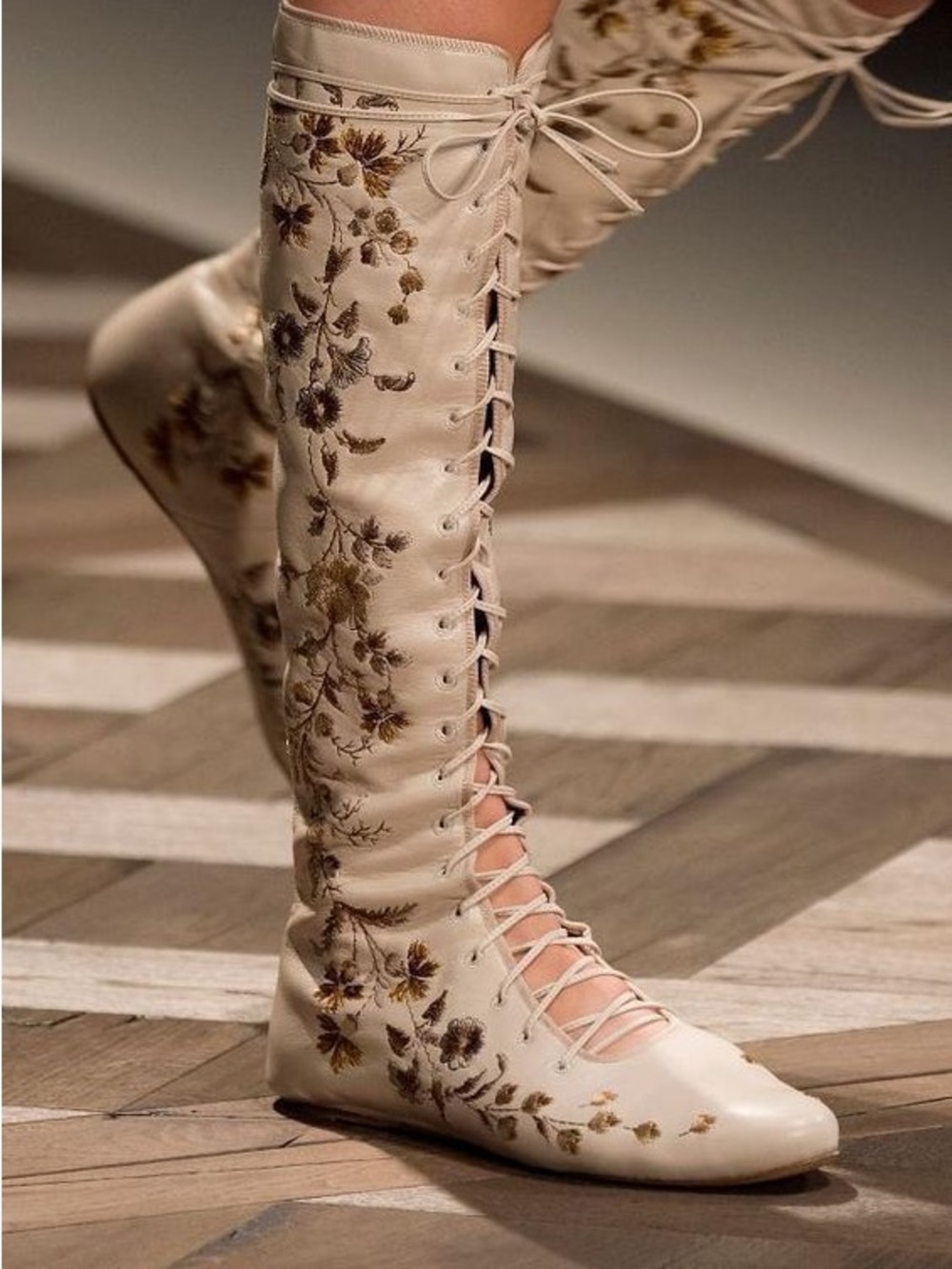 Etro Cream Lace-Up Knee-High Boots with Floral Embroidery